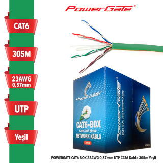 POWERGATE CAT6-BOX-GN, 23AWG 0,57mm, UTP, CAT6 Kablo, 305m, Yeşil -  BizdeHesapli.Com