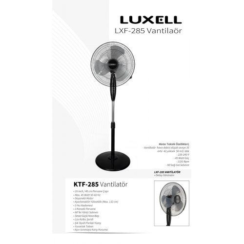 LUXELL LXF-285 3Kademeli Hız, 40cm Pervane, Otomatik Salınım, Yükseklik  Ayarlı Vantilatör - BizdeHesapli.Com